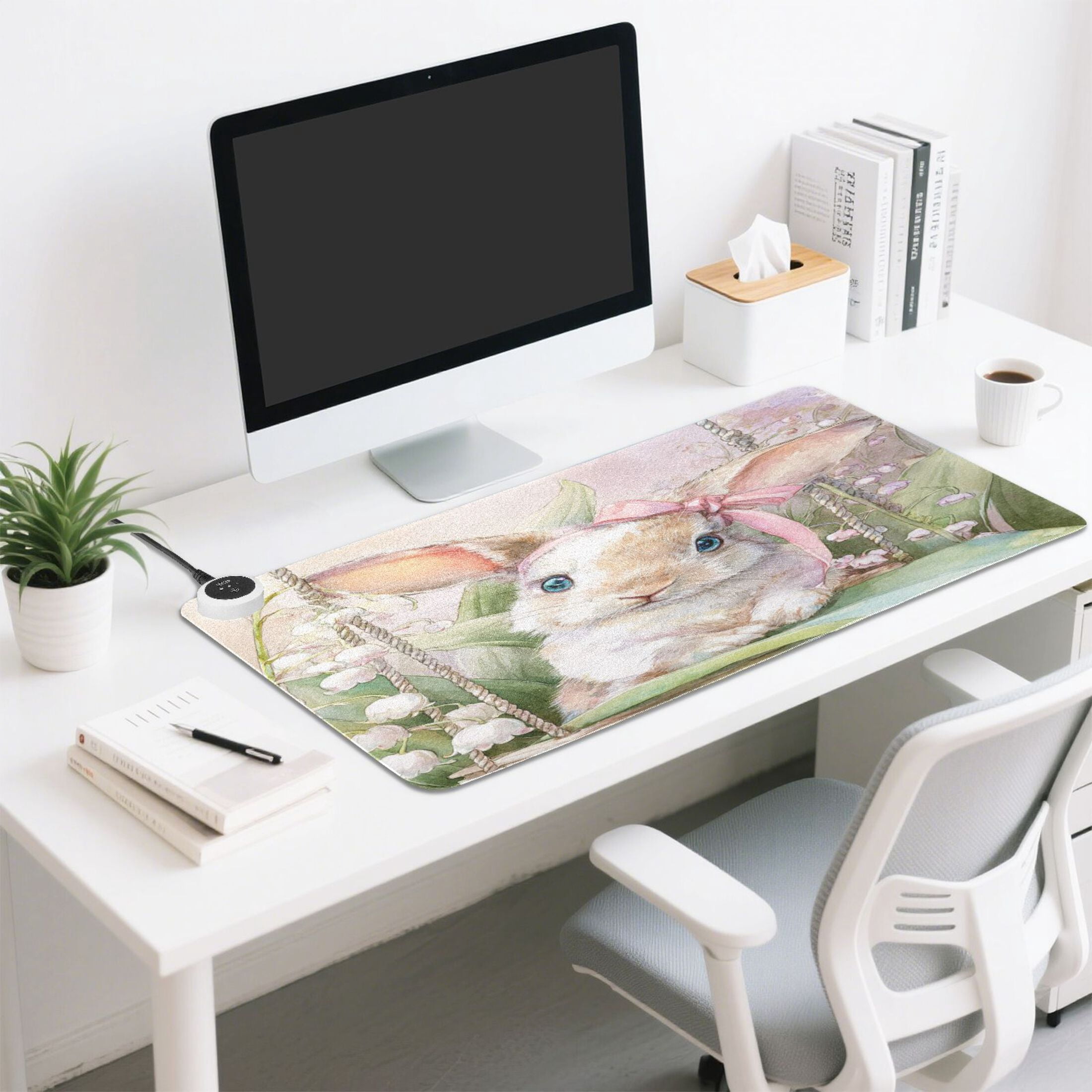 Large Heated Desk Mat Mouse Pad 31.5"x13"PU Leather Graphene Heating Desk Warmer with 3 Temperature Settings 110V US Plug Non-Slip Warm Pad for Home, Office, and Gaming Pink Bow Bunny Art