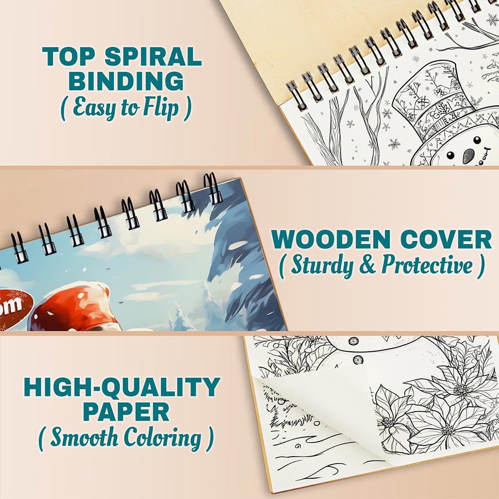 Netecom Snowman Coloring Book Spiral Bound for Adults, A5 Wooden Cover, 30 Heartwarming Coloring Pages of snowmanUnder Winter Scenes for Stress Relief and Relaxation
