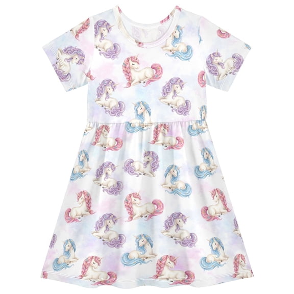 joogoo Unicorn in Rainbow Girls' Short Sleeve Dress Kids Dresses 5-6T
