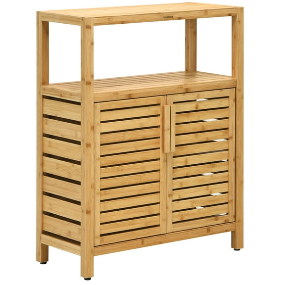 Wqmh Bathroom Storage Cabinet, Freestanding Storage Organizer w/Open Shelf & Double Louvered Doors, Removable Shelf, Bathroom Cabinet for Living Room, Kitchen, Entryway Bamboo Floor Cabinet
