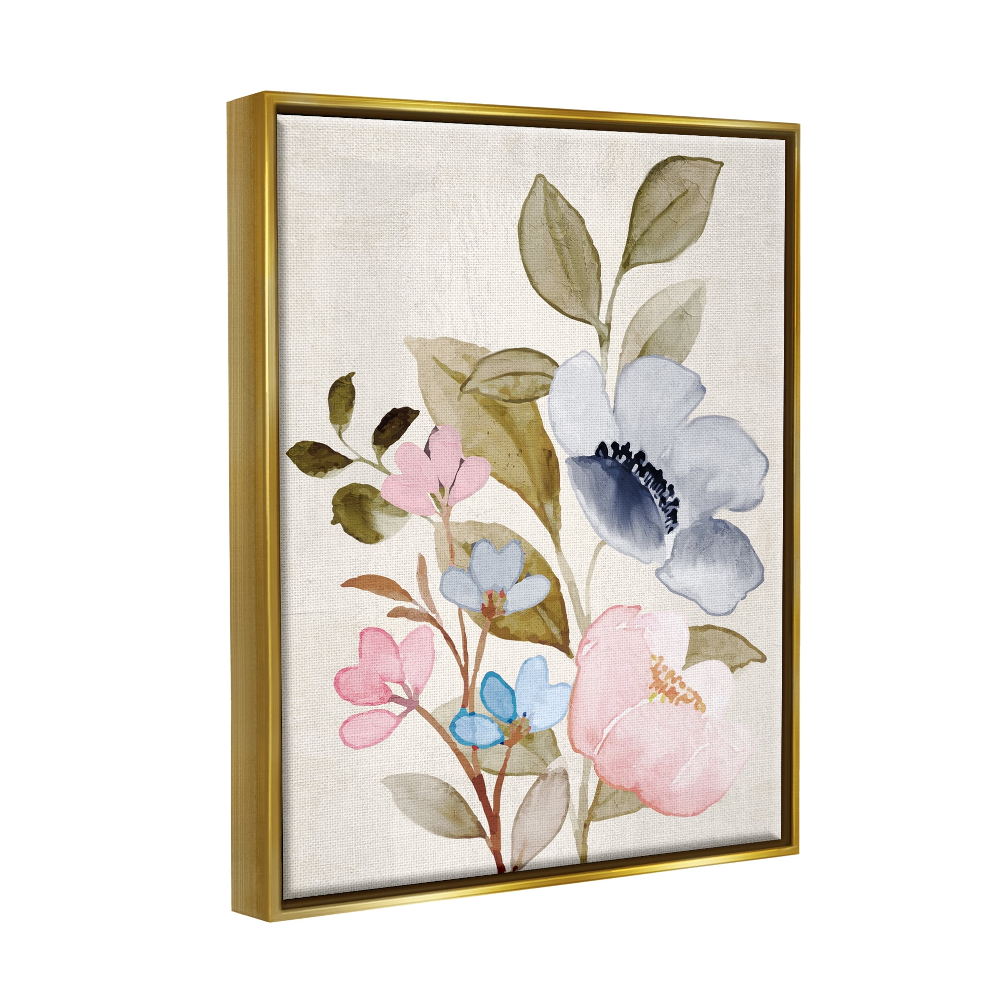 Stupell Industries Soft Cottage Florals Botanical & Floral Painting Gold Floater Framed Canvas Art Print Wall Art, 17 x 21