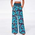 thumbnail image 3 of Morttic Women's Floral Print High Waist Wide-Leg Pants with Smocked Waist – Summer Casual Party Boho Trousers Blue，L, 3 of 5