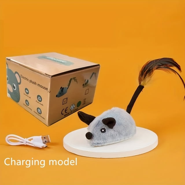 DEBGFS Interactive Plush Cat Toy with Sound and LED Lights - USB Rechargeable Automatic Moving Mouse with Turnaround Steering and Obstacle Avoidance - Durable Electric Teaser Pet Toy wi,grey