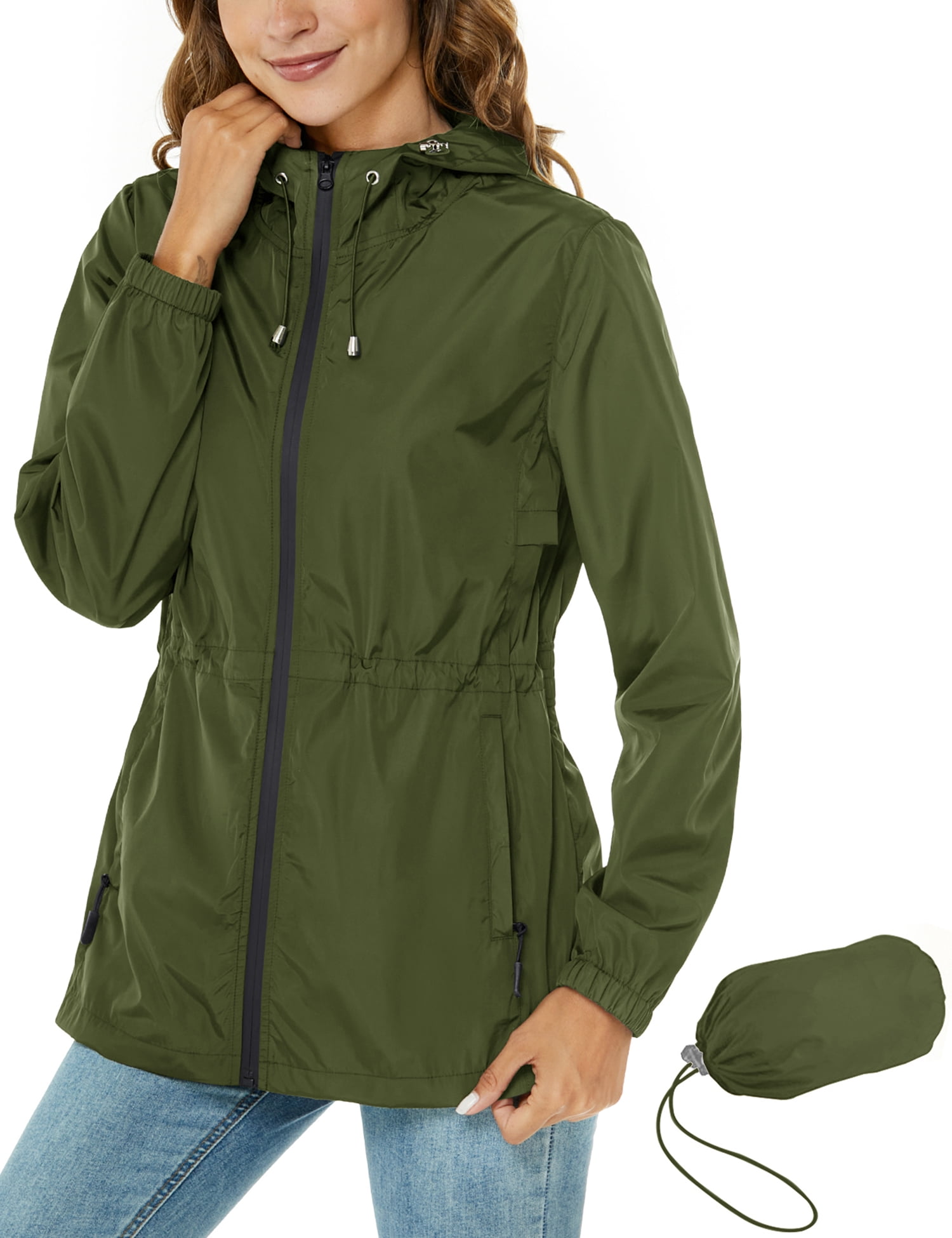Avoogue Womens Long Raincoat with Hood Outdoor Lightweight Windbreaker Rain Jacket Waterproof 