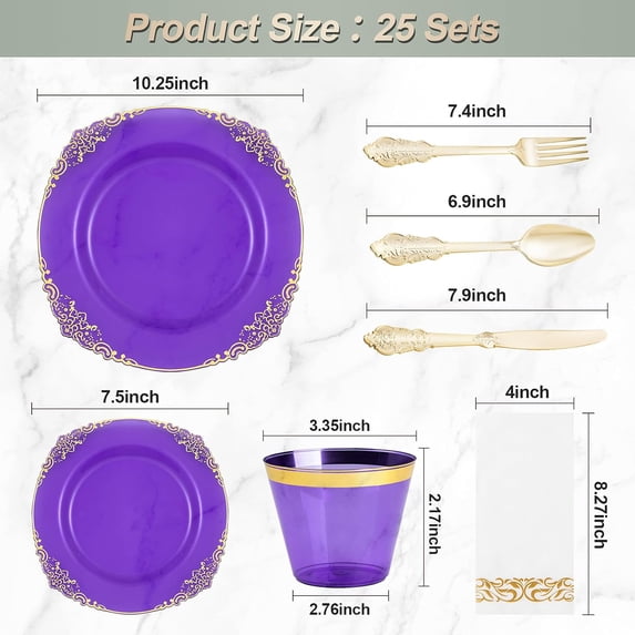 Goodluck Disposable Plastic Dinnerware Set 175PCS for 25 Guests Clear Purple Plates with Gold Trim, Gold Silverware, Cups, Napkins for Party, Wedding