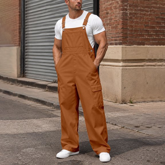 Overalls for Men Solid Color Fall Winter Multi Pockets Suspender Cargo Pants Durable Outdoor Work Mens Casual Pants Coffee S