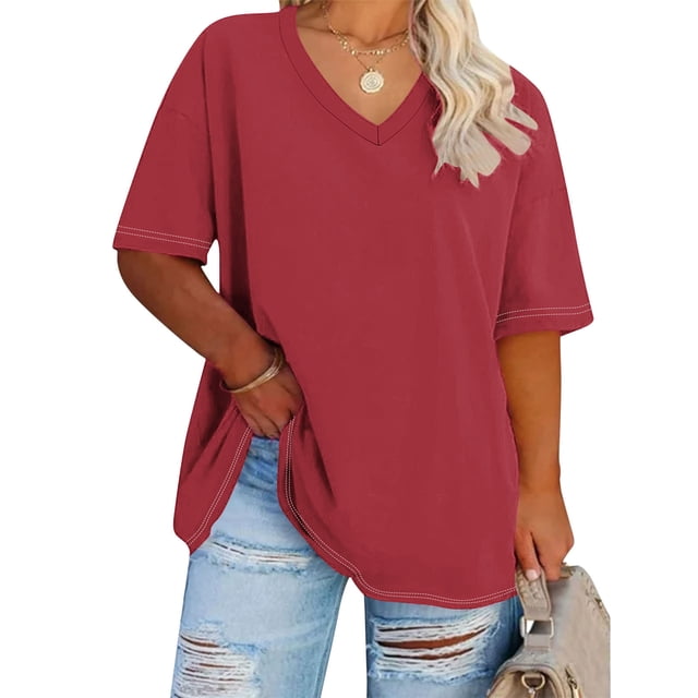 Leodye Womens Plus Size Fashion Solid Color Summer Short Sleeve V Neck Casual Loose T-shirt Red M(M)