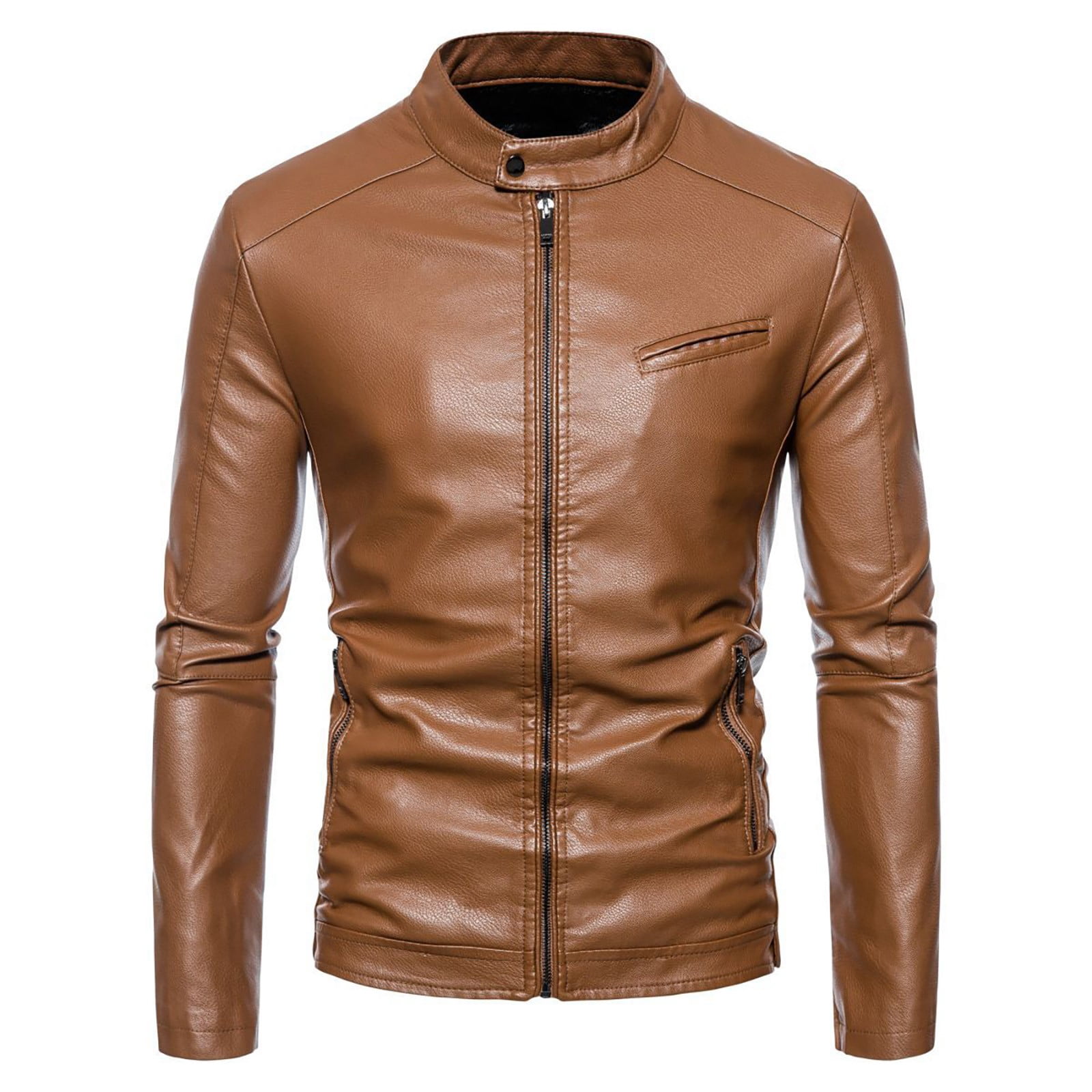 Maoxin Mens Leather Jacket Men's Stand-up Collar Leather Biker Padded Jacket Large Size Fashion Casual Jacket Leather Jackets for men Khaki 2XL
