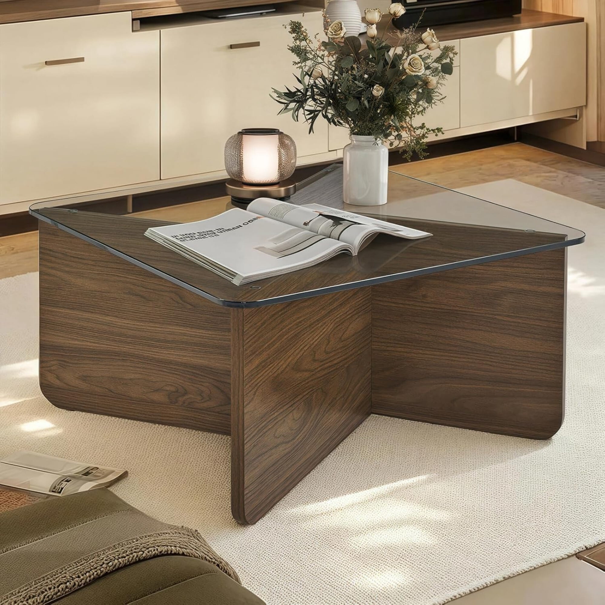 AENKYO Modern 31.5" Square Glass Coffee Table with Tempered Glass Top and Wooden X-Frame Base, Natural Color