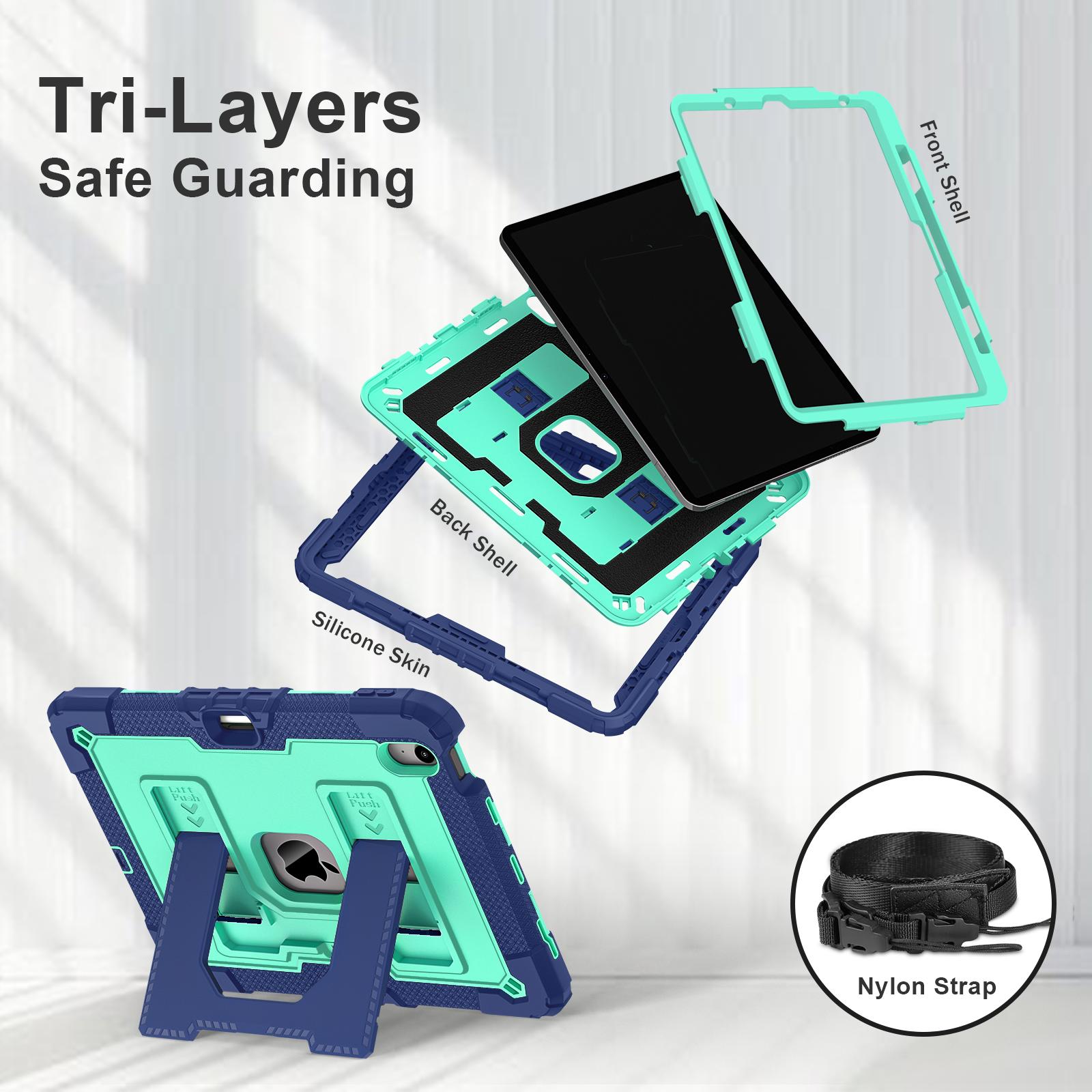Rugged Case for Apple iPad Air 11 Inch M4 M3 M2 2026/2025/2024/ iPad Air 5th 4th Gen 10.9", Heavy Duty Tablet Case with Kickstand, Pencil Holder & Detachable Shoulder Strap,Black+Green