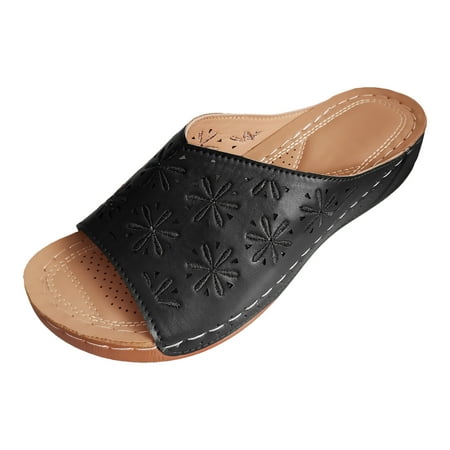 

Mnyotv Dressy Wedges for Women Flat Sandals for Women Wide Width Ladies Summer Retro Solid Colour Flower Hollow Out Slope Heel Thick Bottom Large Size Sandal Slippers Black 38