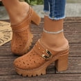 thumbnail image 3 of Rokment Women's Platform Chunky Block High Heels Clogs and Mules Spring Summer Fashion Metallic Buckles Leather Hollow out Closed Toe Lug Sole Heeled Backless Dress Slides Sandals Brown Size 6.5, 3 of 7