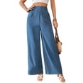 thumbnail image 2 of Women Linen Palazzo Pants Summer Boho Wide Leg High Waist Casual Lounge Pant Travel Vacation Outfits Denim Blue S, 2 of 9