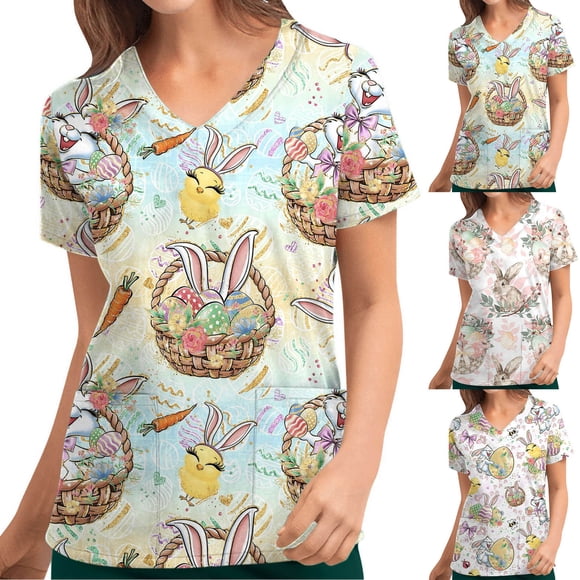 lcziwo Easter Bunny Scrub Tops Women V Neck Short Sleeve Festival Party Shirts with Pockets Casual Funny Egg Bunny Print Party Blouses,Pink,XL