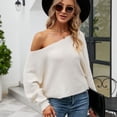 thumbnail image 3 of Defitshape Women's Long Bishop Sleeve Chunky Sweater Solid Soft Knit Top One Shoulder Short Fashion Loose Fit Bateau Neck Pullover Knitwear White Medium, 3 of 4