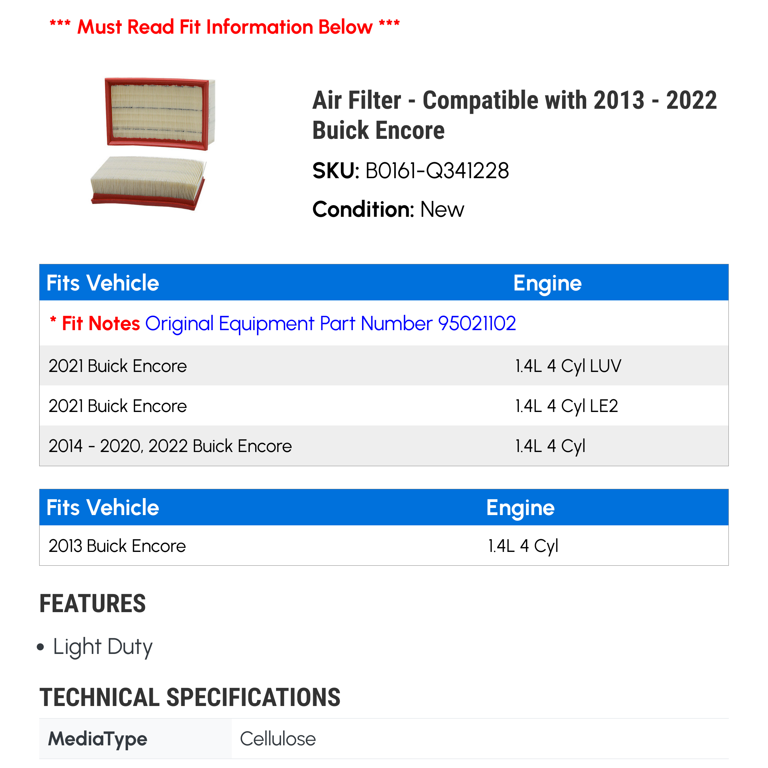 Air Filter - Compatible with 2013 - 2022 Buick Encore 2014 2015 2016 2017  2018 2019 2020 2021