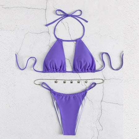 

Finelylove Swimsuit Women Two Piece Padded Sport Bra Style Bikini Purple S