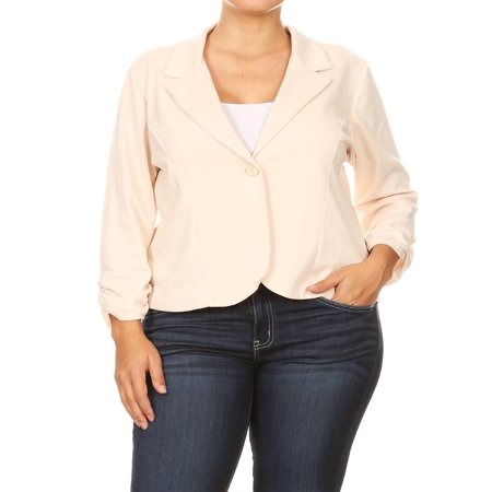 NEW MOA Women's Solid Plus Size Ruched Sleeve Buttoned Business Casual Blazer Jacket/Made in USA