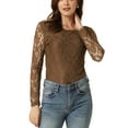 thumbnail image 4 of INSPIRE CHIC Women's  Round Neck Long Sleeves Sheer Flower Embroidery Lace Blouse S Brown, 4 of 6