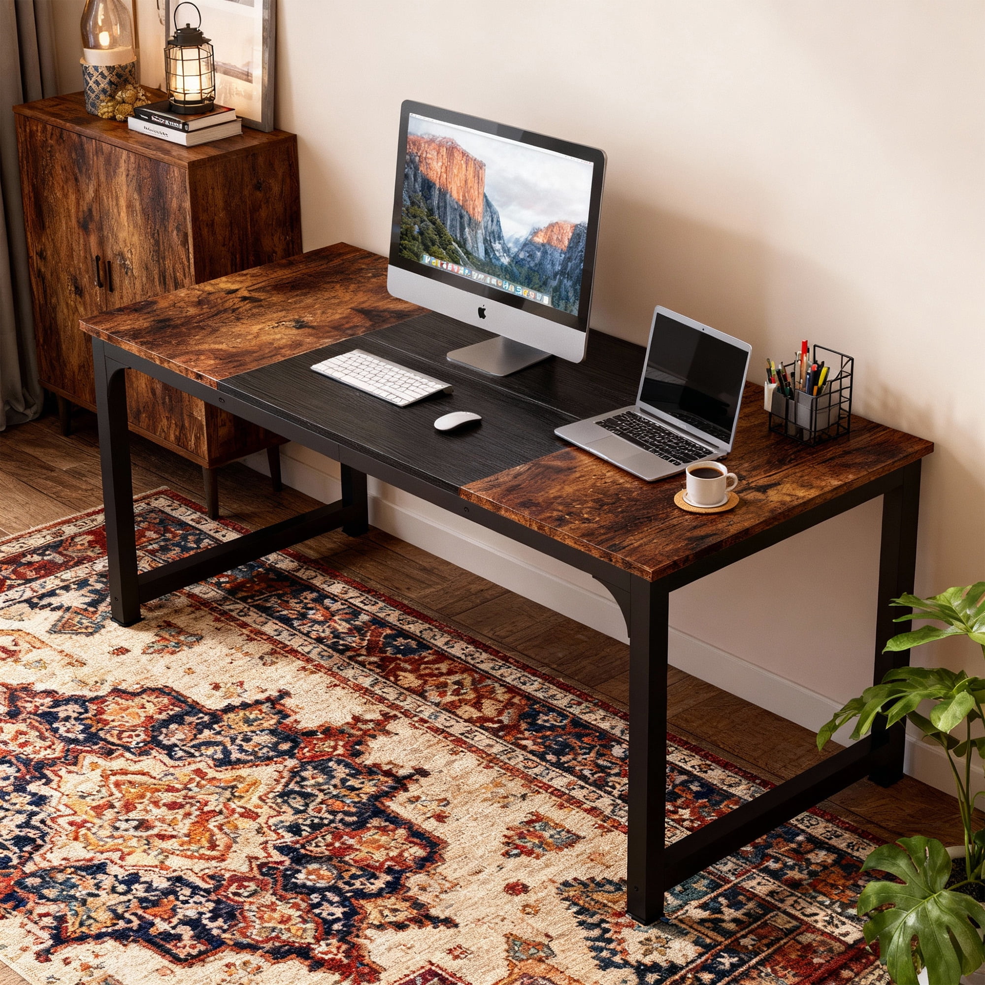 KIOOTTO 63" Executive Office Desk, Large Computer Writing Desk with Heavy Duty Steel Frame, Rustic Brown