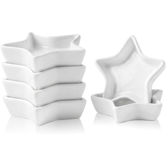 6 Pack Star Shaped Dipping Bowls, 3.7 Inch Ceramic Soy Sauce Dishes, Porcelain Seasoning Dishes, Small Serving Bowl for Soy Sauce Sushi Condiment Appetizer Serving, White