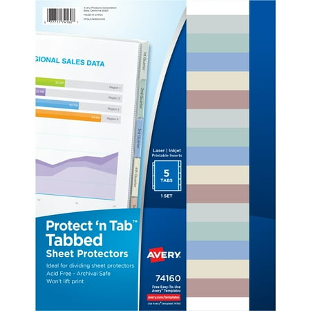 Avery Protect 'n Tab Tabbed Sheet Protectors, Acid-Free, 5 Tabs, 5 Protectors (74160)