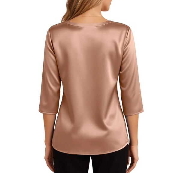 Wang6 Womens 3/4 Sleeve Tops Elegant V Neck Satin Tshirts Ladies Trendy Solid Going out Tunic Tees Shirts Rose Gold 0713-3/4 sleeve tshirts XXL