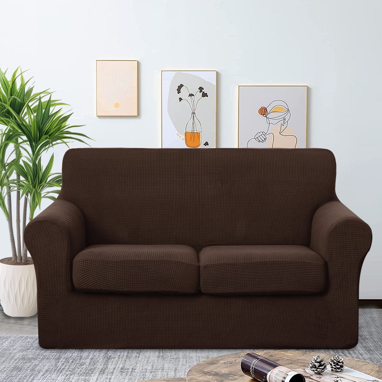 U-NICE HOME 3 Pieces Stretch Loveseat Cover Couch Cover Sofa Cover Washable Sofa Slipcover With Individual Seat Cushion for 2 Cushion Couch Sofa Pet Friendly, Chocolate