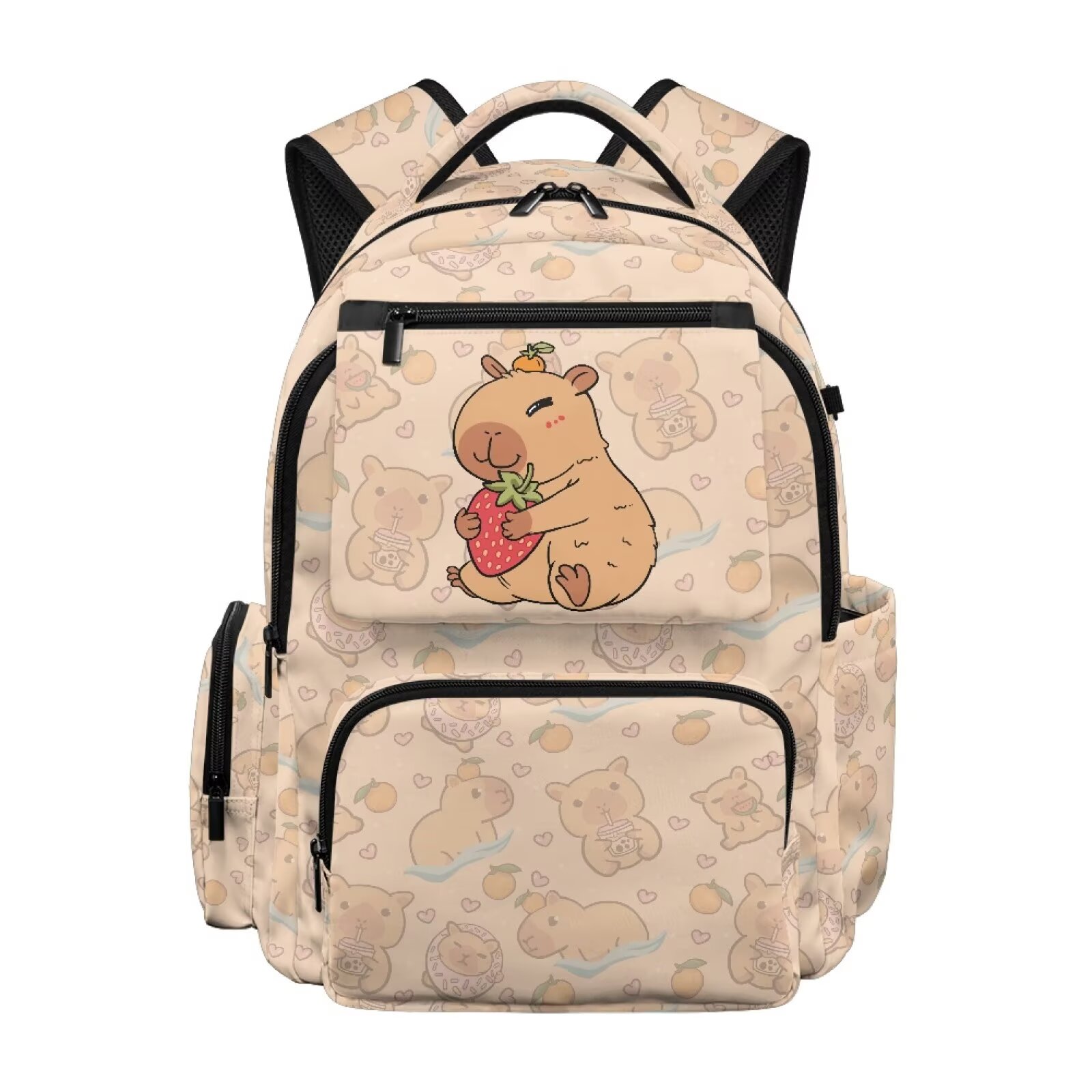 Garronmavis Strawberry Capybara Kids Backpack 17 Inch School Backpack for Girls for Grades 3-6 Ages 9-12, Breathable Elementary School Bag with Padded Tablet Sleeve & Multi-Pockets