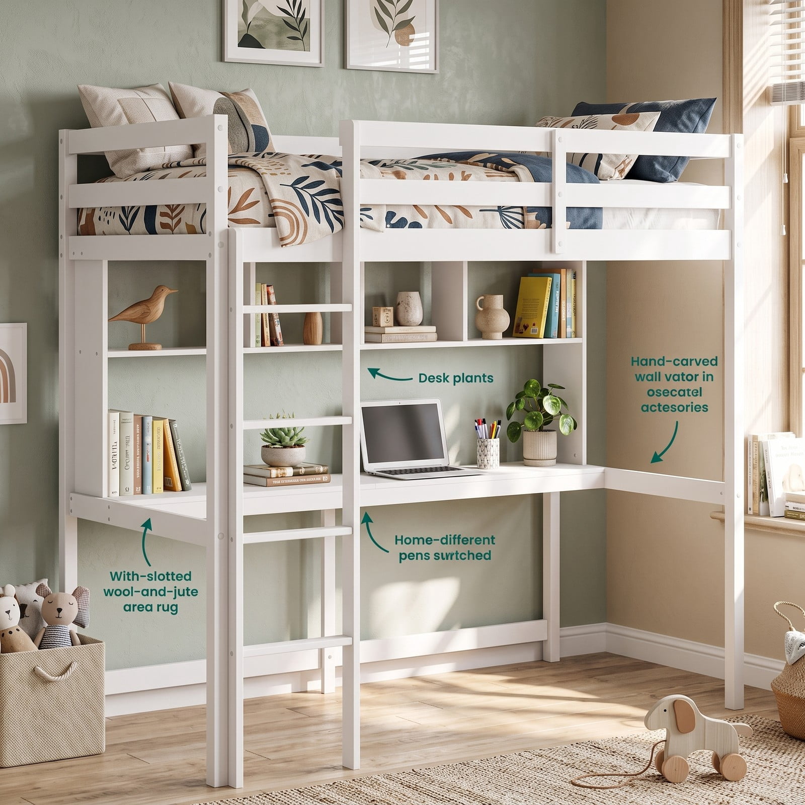 Furnibear Twin Size Loft Bed with Desk and Shelves for Home Dorm Apartment, Space-Saving Wood High Loft Bed with Ladder, No Box Spring Needed, White