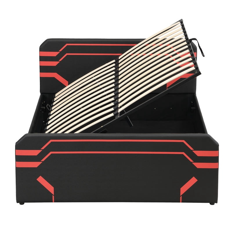 Queen Size PU Leather Gaming Bed Frame with Hydraulic Storage, Cyberpunk Style Platform Bed with Futuristic Pattern Headboard