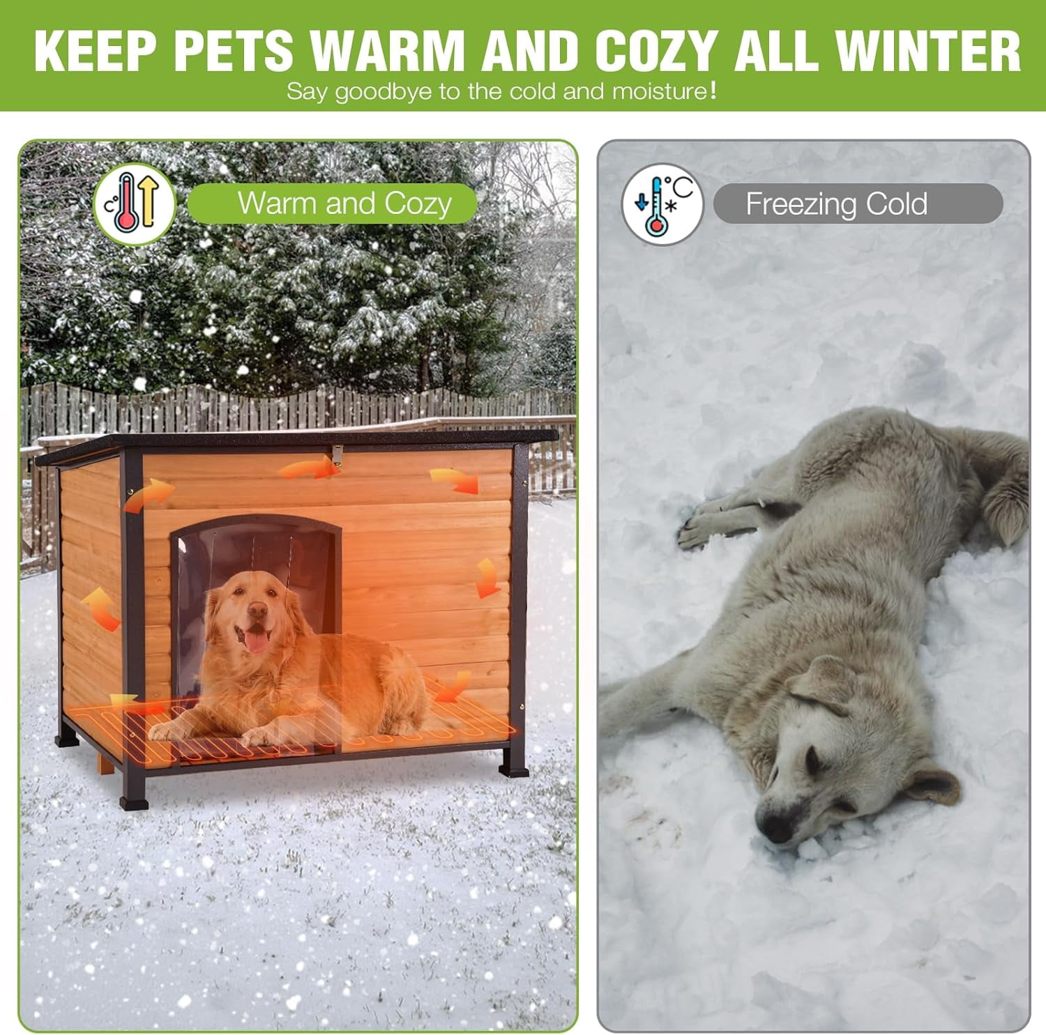 Aivituvin Large Heated Dog House Outdoor Dog House Insulated Weatherproof Dog Kennel with Safe Heating Pad, Thermal Liner, Chew-Proof Metal Frame for Medium to Large Dog Breeds, 33.5" L×22" D×25.2" H