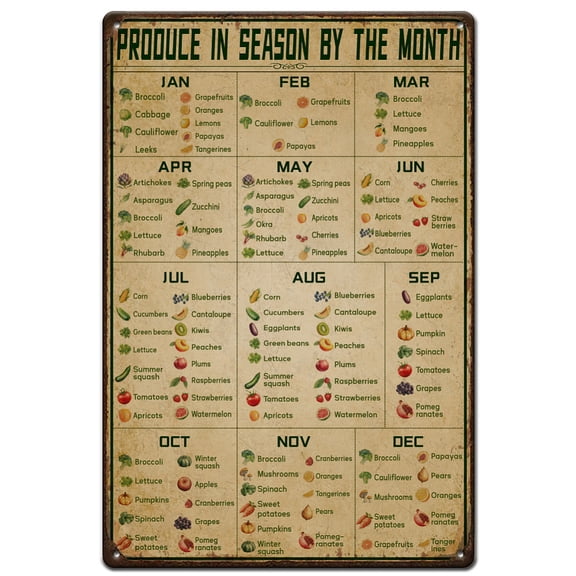 Produce In Season By The Month Tin Signs Kitchen Retro Metal Sign Vintage Country Art Sign Kitchen Bedroom Decor Vintage Wall Art for Dining Room Bar