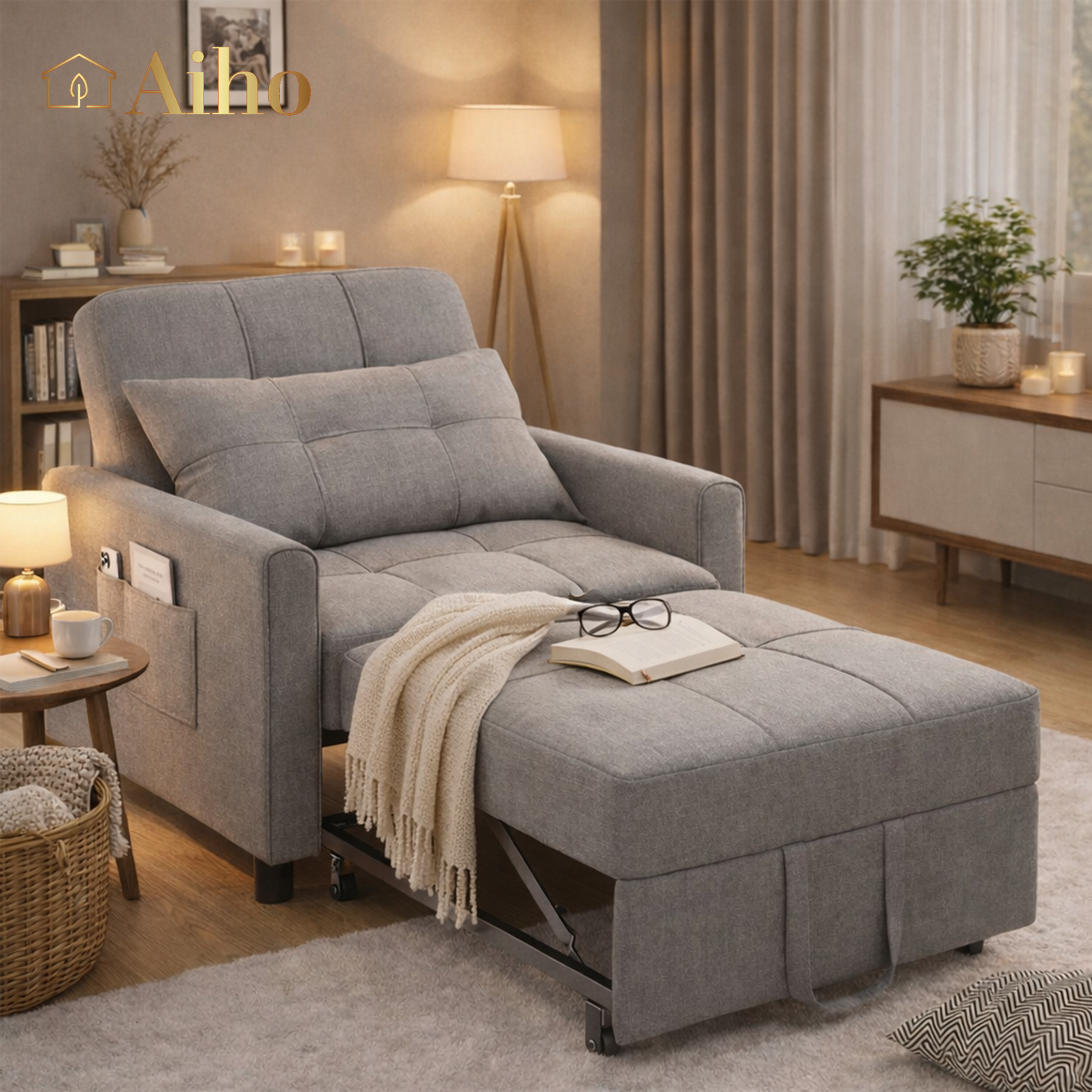 Aiho 3 in 1 Convertible Futon Sofa Bed, Folding Sleeper Chair with Adjustable Backrest, Perfect for Living Room, Small Spaces, Light Gray