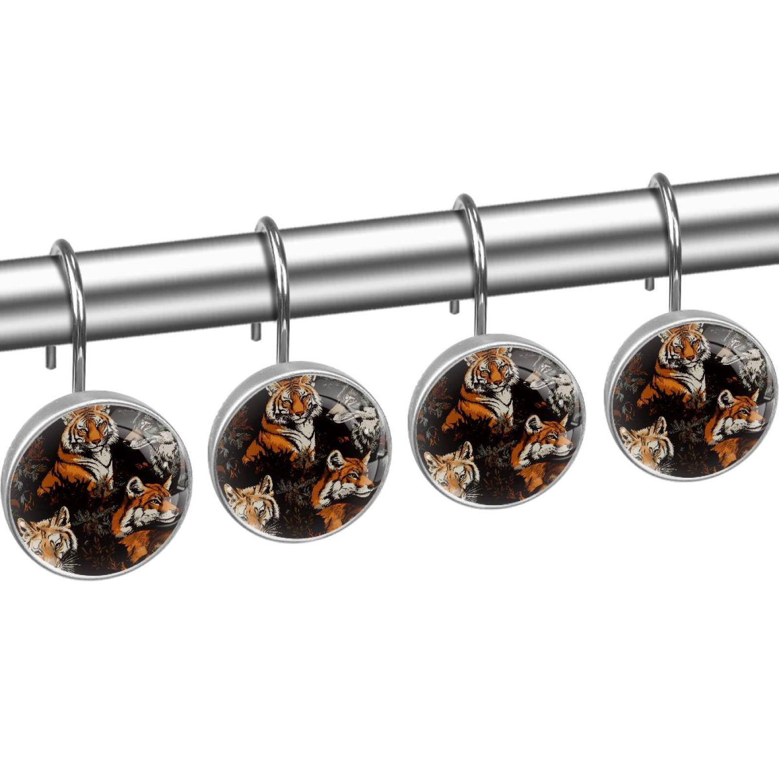 Tiger Fox Wolf Shower Curtain Hooks Round Crystal Glass, Set of 12 Shower Curtain Rings - Shower Hooks for Curtain Shower Rings