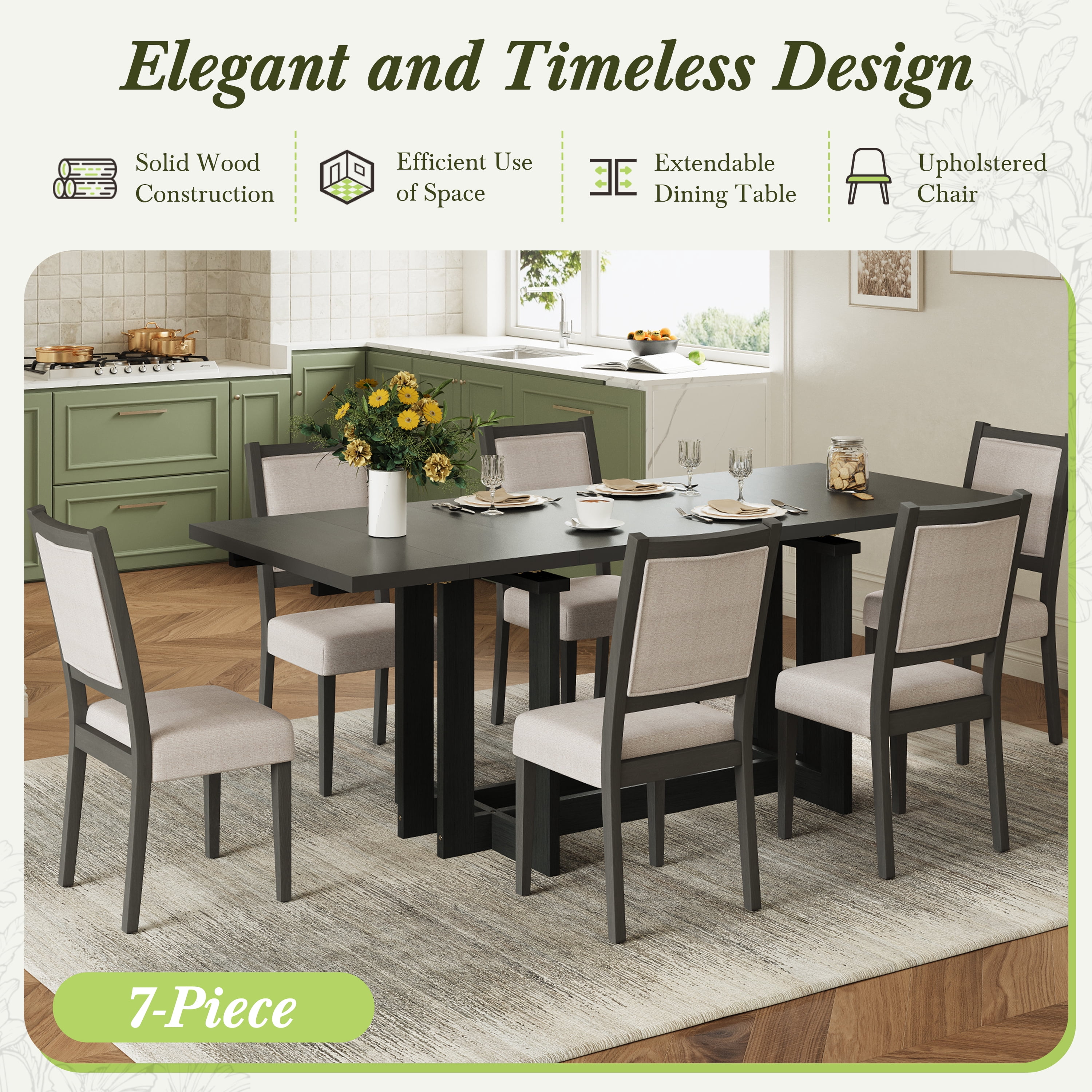 Euroco 7-Piece Extendable Dining Table Set for 6, 82" Large Kitchen Table with 6 Upholstered Dining Chairs and 2 Removable Leaves for Kitchen Dining Room,Grey+Beige