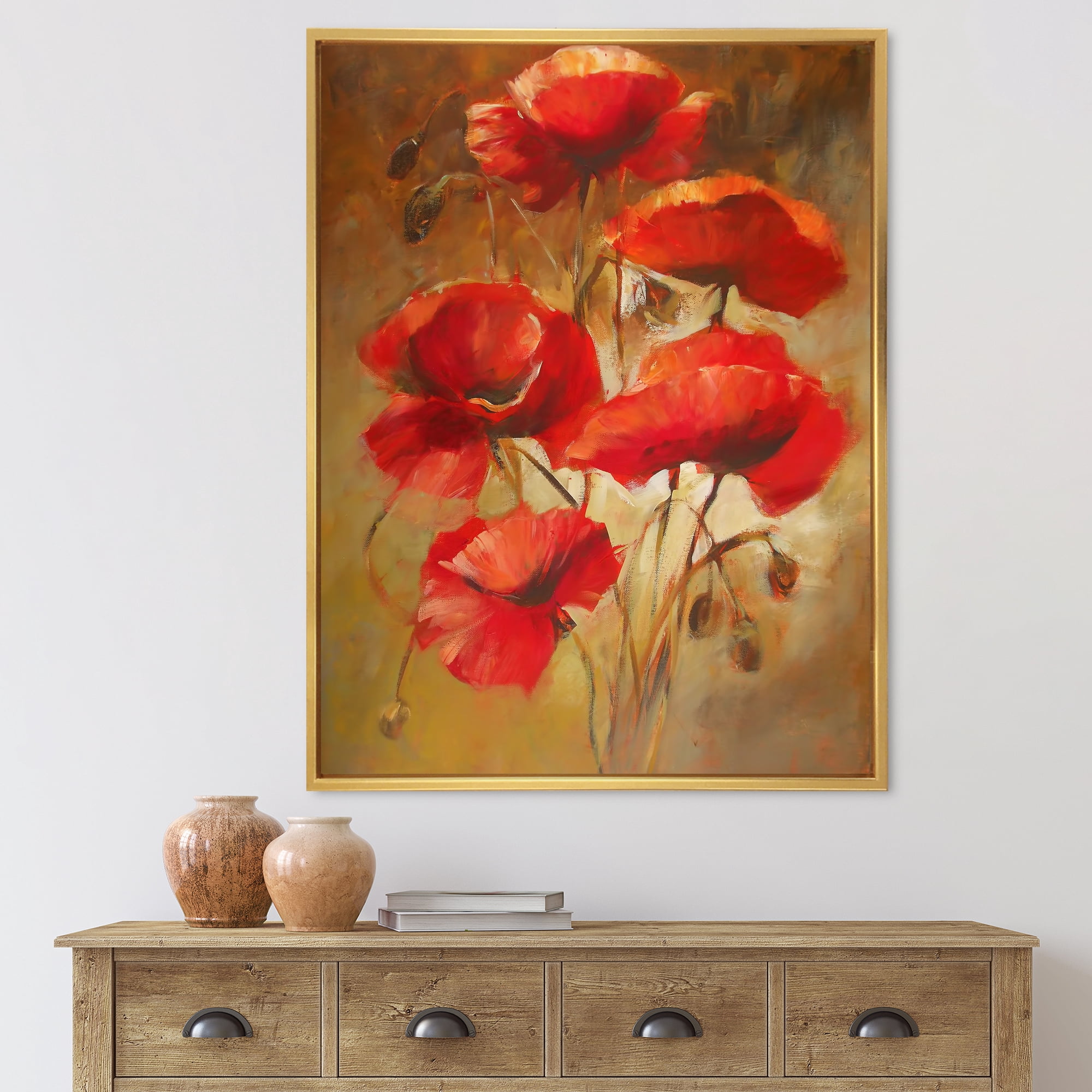 Red Blossoming Poppies Over Wild Brown I 24 in x 32 in Framed Painting Canvas Art Print, by Designart