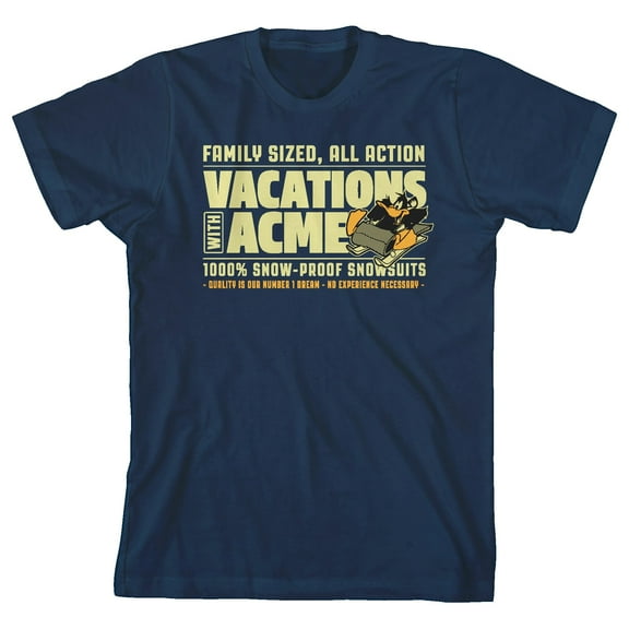 Looney Tunes ACME Family Sized All-Action Vacations Youth Navy Blue Graphic Tee-XL