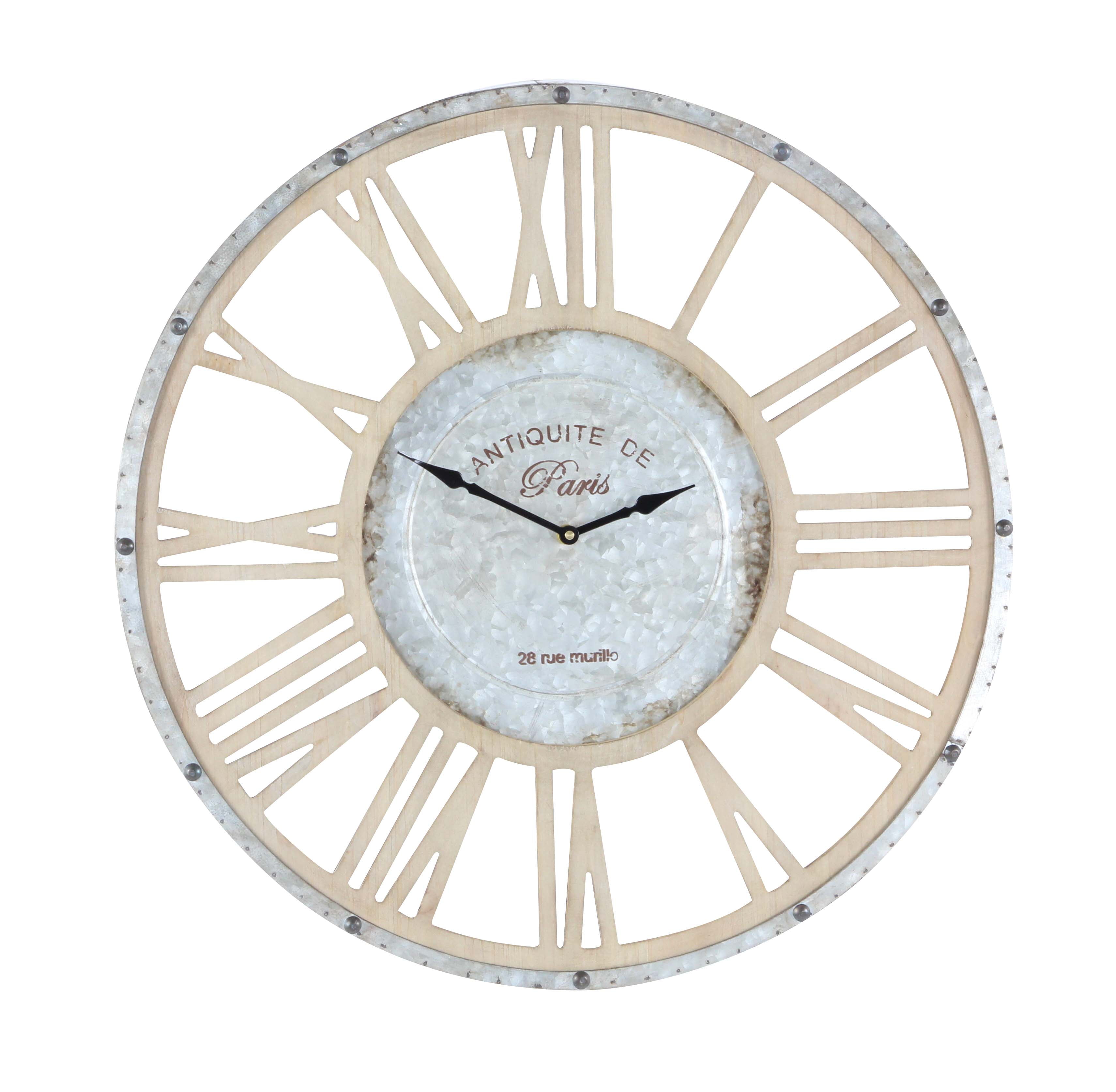 Decmode 24 Inch Modern Iron and Fir Wood Round Wall Clock, Light brown