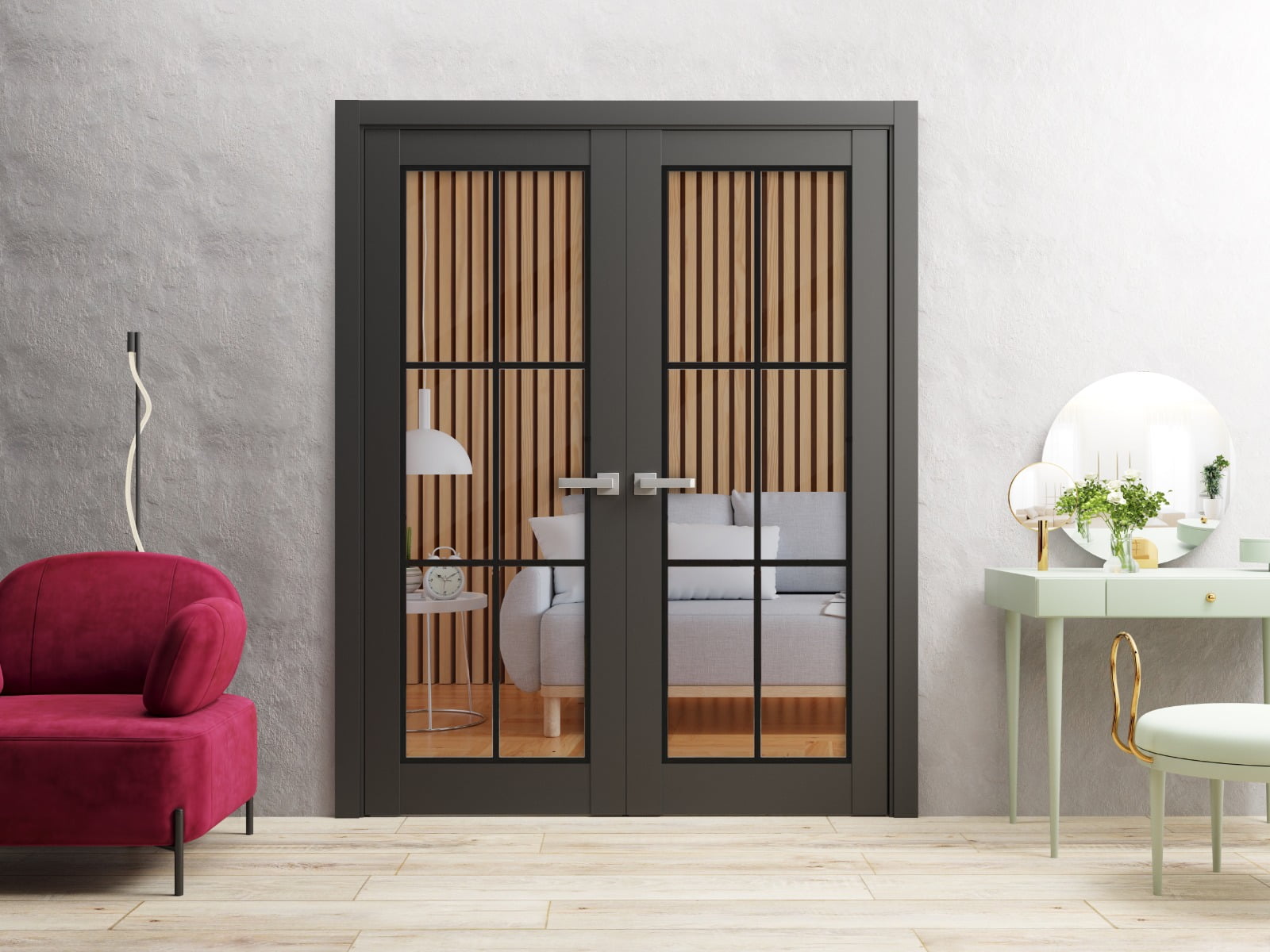 Solid French Double Doors 60 x 80 inches | Lucia 2366 Matte Black Clear Glass | Wood Solid Panel Frame Trims | Closet Bedroom Sturdy Doors