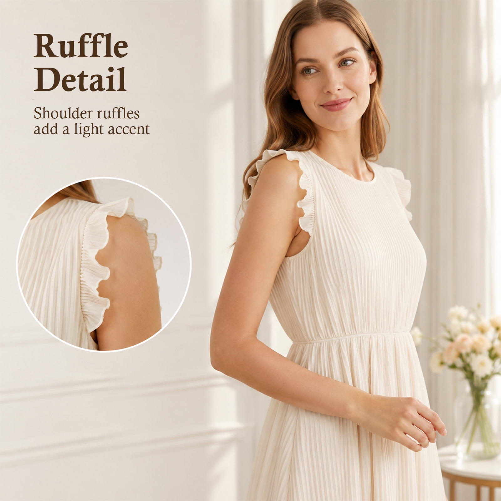 Alvantor Women's Ruffle Sleeve Midi Dress with Pleated Overlay, Ivory