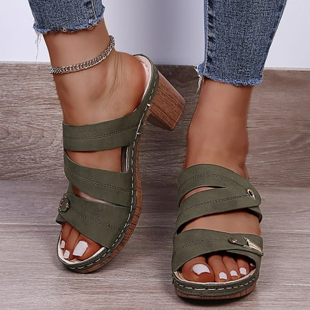 

2023 Dress Fashion New Benchmark HIMIWAY Women s Metal Buckle Stitching Thick Heel High Heels Large Size Slippers Army Green 38