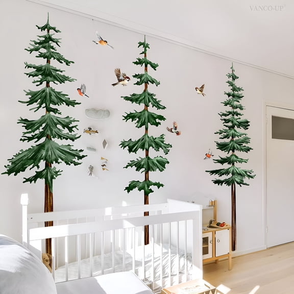 CCOCC Large Pine Tree Wall Stickers Green Trees Wall Decals Peel and Stick Watercolor Birds Nature Giant Trees Decor Woodland Forest Sticker Green Tree Stickers for Living Room Bedroom Home Decor