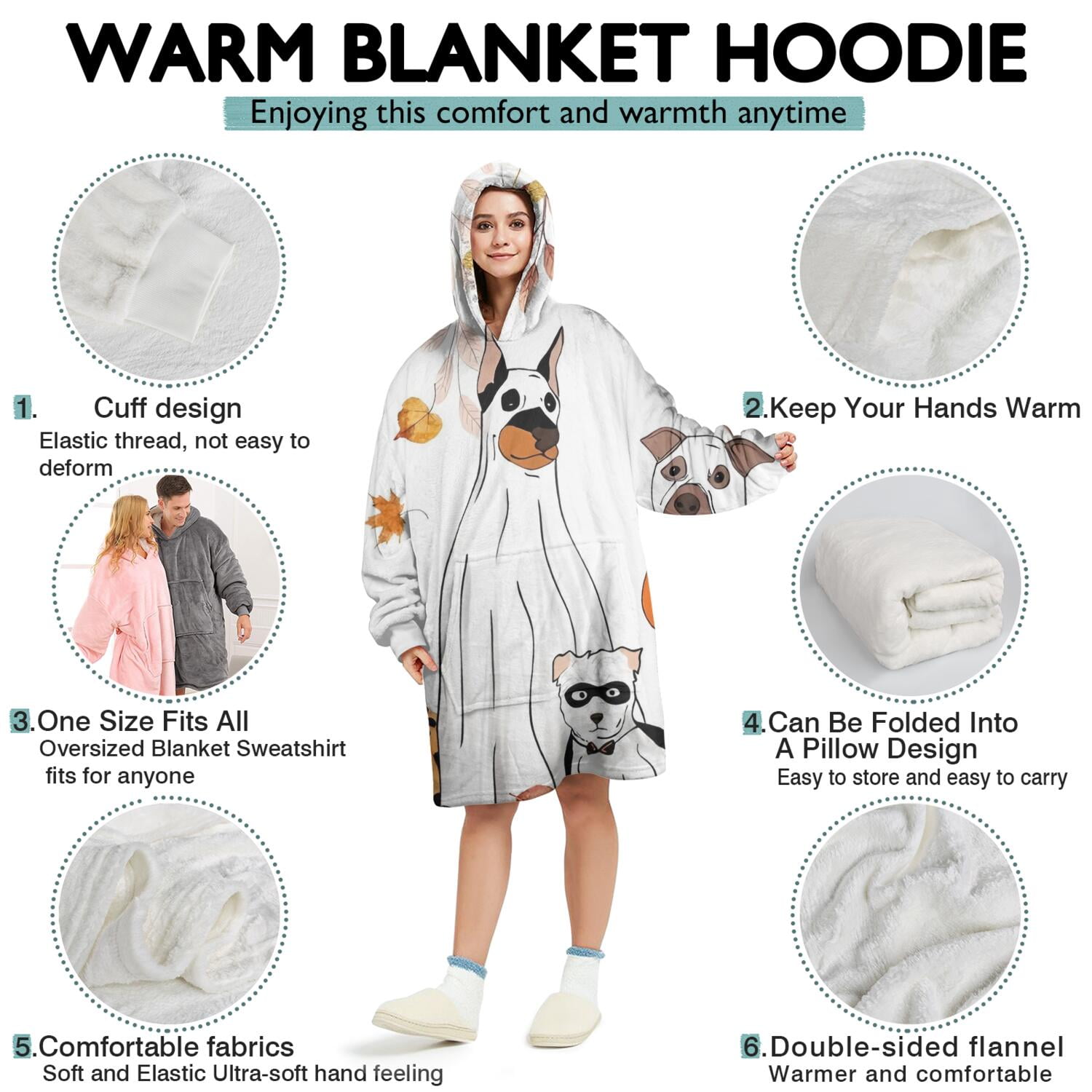 Wearable Oversized Blanket,Halloween Dogs in Ghost Costumes Wearable Blanket Hoodie for Adults,Cozy Hooded Blankets with Super Pockets,Super Warm Fuzzy Pullover for Women & Men