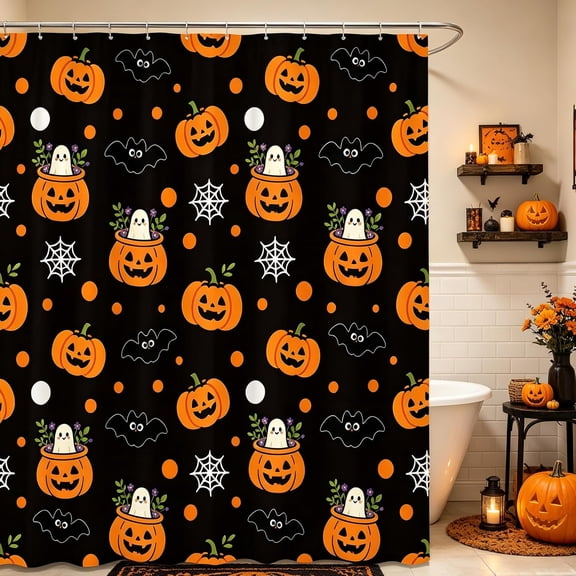 Narrow Cute Ghosts Bats Pumpkin Halloween Shower Curtain 36x70 – Orange Polka Dots on Black Background Waterproof Fabric Bathroom Decor with Spider Webs