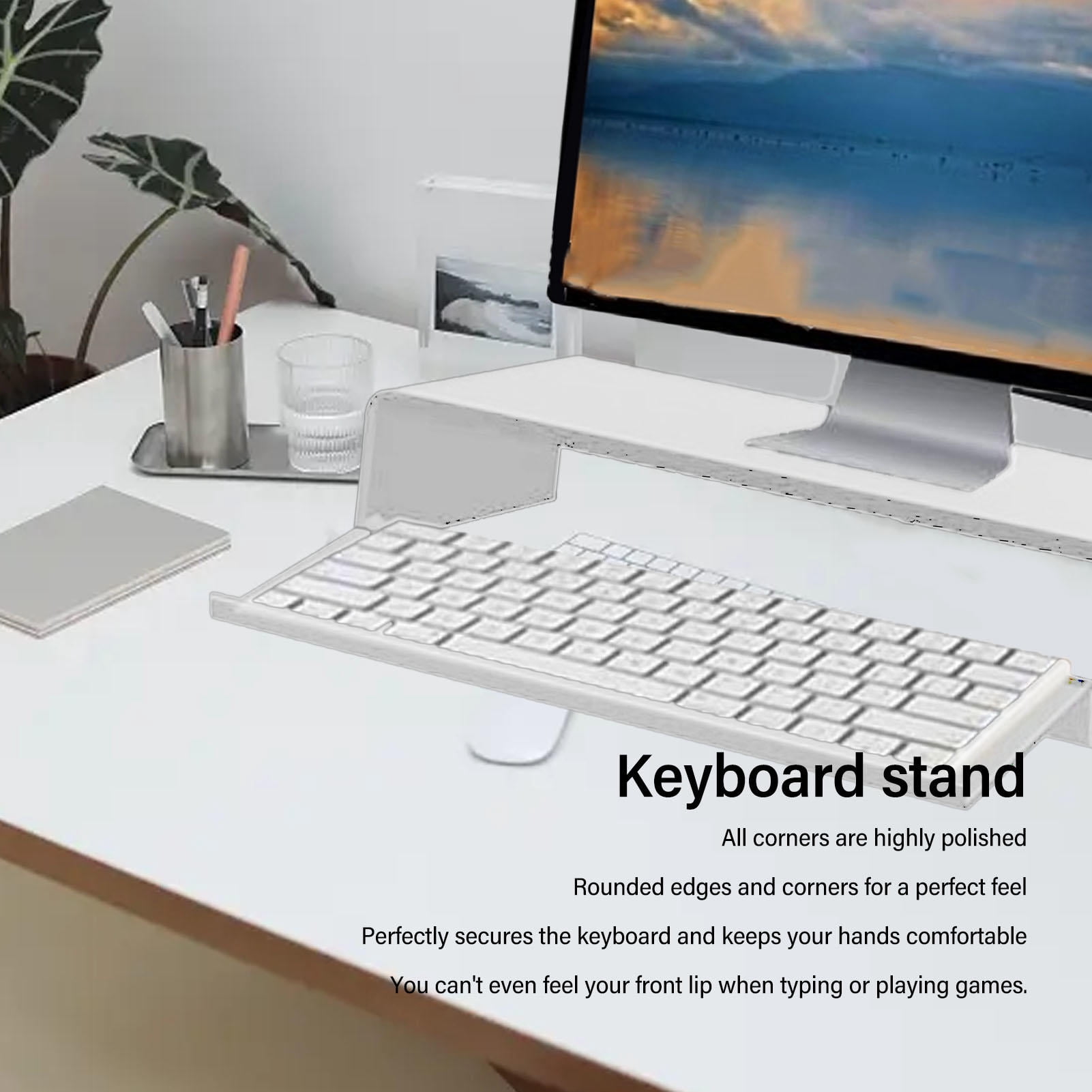 BIMZUC Acrylic Keyboard Riser – Low Front Lip, Polished Finish, Tilted Design for Comfortable Typing, Stable & Durable – Transparent Keyboard Stand for Home Office