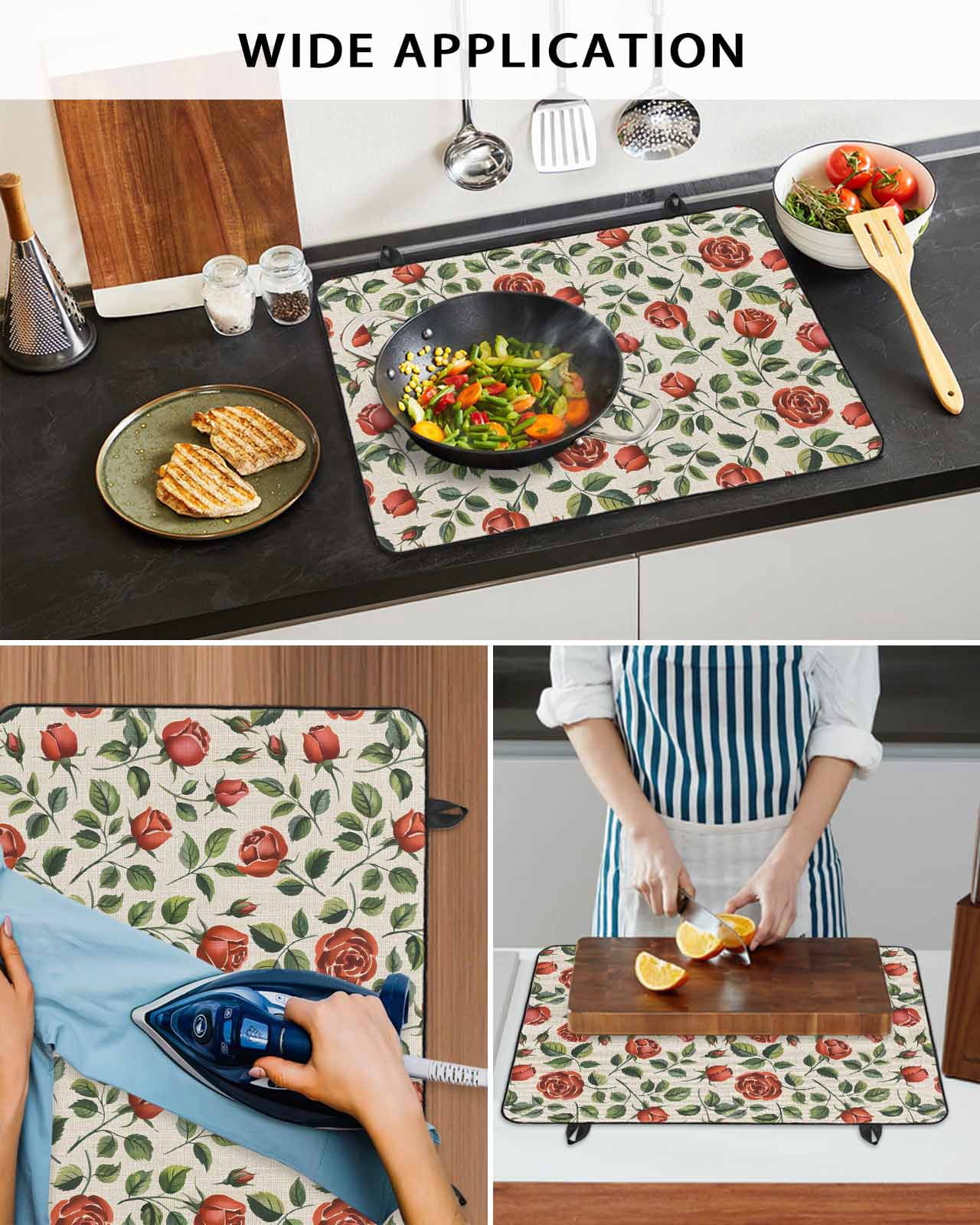 Large Induction Cooktop Protector Mat Valentine's Day Stove Top Covers for Electric Stove, Red Roses Leaves Plants Spring Beige Decorative Stove Burner Cover Mats, Glass Top Stove Cover