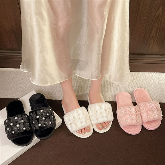 Bovxnpu House Slippers for Women Casual Indoor/Outdoor Shoes, Women's Indoor Home Open-Toe Pearl Fashionable Fall And Winter Open Warm Flat Slippers Comfy Indoor House Shoes