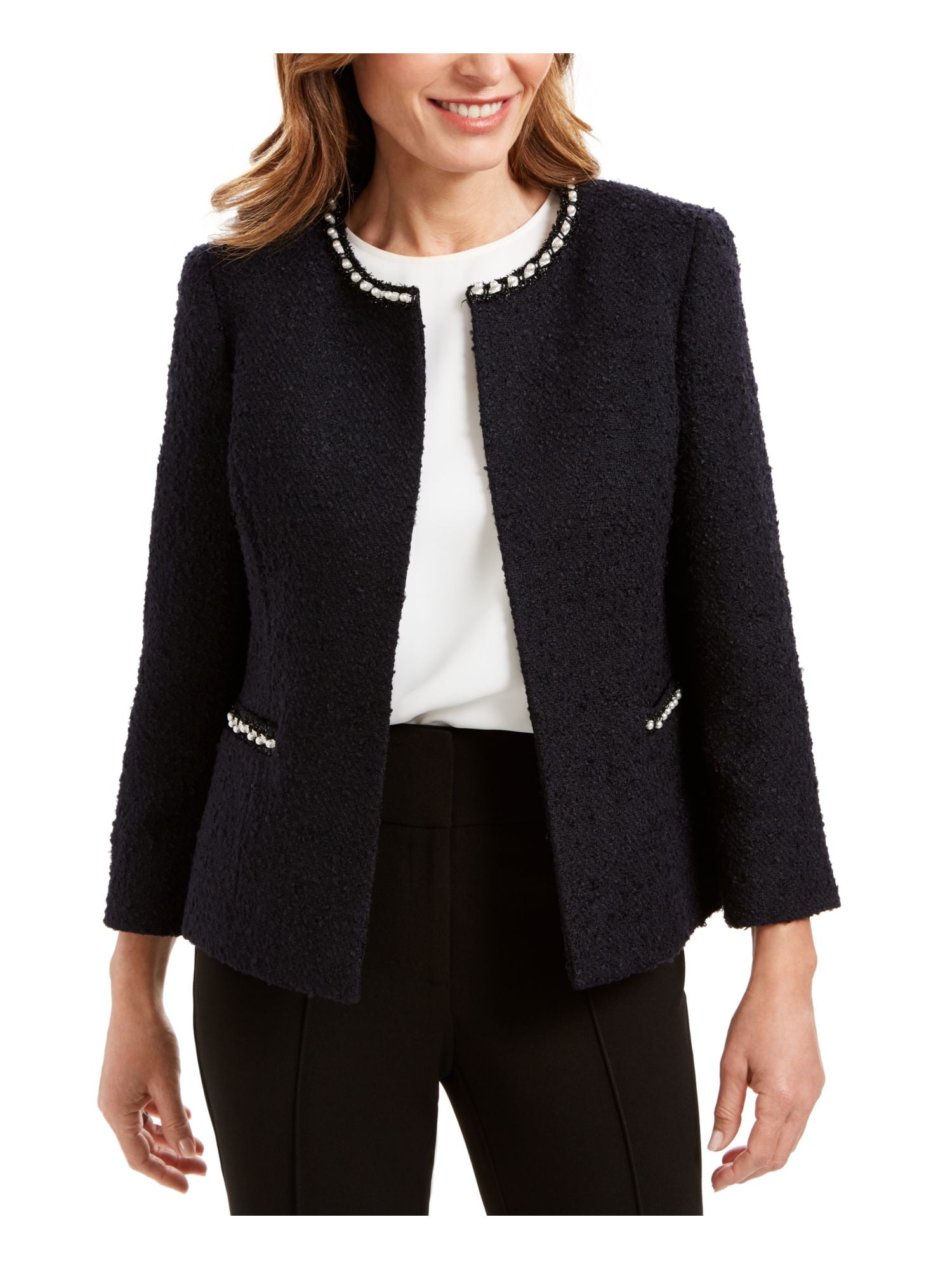 KASPER Womens Navy Embellished Suit Wear To Work Jacket Size 14
