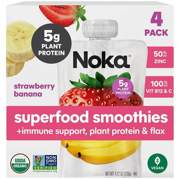 NOKA Organic Strawberry Banana Smoothie, 4.22 oz Pouches, 4 Count
